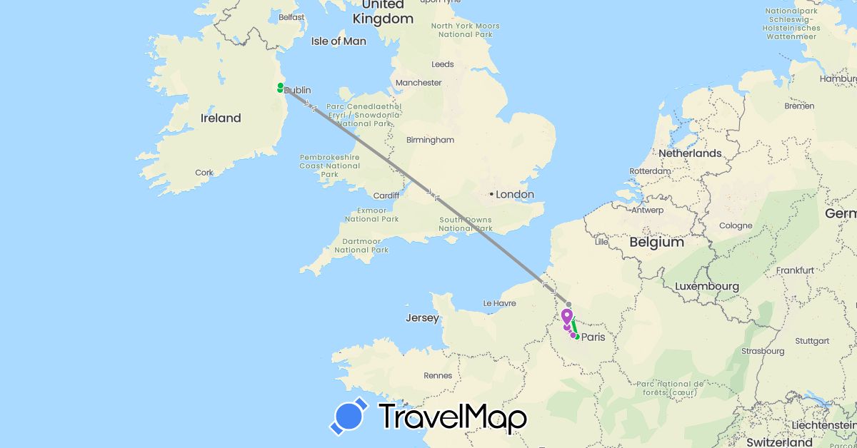 TravelMap itinerary: driving, bus, plane, train in France, Ireland (Europe)